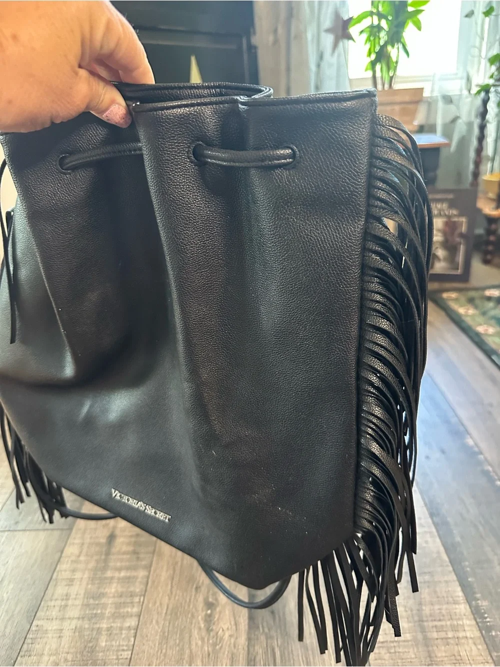 Victoria's Secret Faux Leather Fringe Tassel Fringe Bag Large Black Backpack - Picture 2 of 8